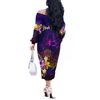 Nauru Off The Shoulder Long Sleeve Dress Whale Hibiscus Polynesian