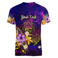 Nauru Women V-Neck T-Shirt Whale Hibiscus Polynesian