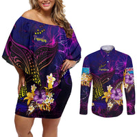 Tuvalu Couples Matching Off Shoulder Short Dress and Long Sleeve Button Shirt Whale Hibiscus Polynesian