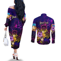 Tuvalu Couples Matching Off The Shoulder Long Sleeve Dress and Long Sleeve Button Shirt Whale Hibiscus Polynesian