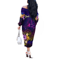 Northern Mariana Islands Off The Shoulder Long Sleeve Dress Whale Hibiscus Polynesian