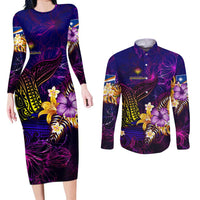 Marshall Islands Couples Matching Long Sleeve Bodycon Dress and Long Sleeve Button Shirt Whale Hibiscus Polynesian