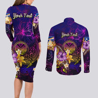 Marshall Islands Couples Matching Long Sleeve Bodycon Dress and Long Sleeve Button Shirt Whale Hibiscus Polynesian