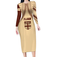 Fiji Bula Long Sleeve Bodycon Dress Tapa Pattern Design DT02 Long Dress Beige - Polynesian Pride