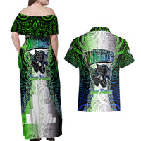 Personalised New Zealand Warriors Couples Matching Off Shoulder Maxi Dress and Hawaiian Shirt Maori Silver Fern Green DT02 - Polynesian Pride