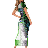 Personalised New Zealand Warriors Short Sleeve Bodycon Dress Maori Silver Fern Green DT02 - Polynesian Pride