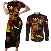 Wallis and Futuna Couples Matching Short Sleeve Bodycon Dress and Long Sleeve Button Shirt Octopus Plumeria Polynesian Tattoo