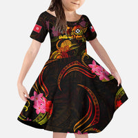 Wallis and Futuna Kid Short Sleeve Dress Octopus Plumeria Polynesian Tattoo