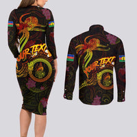 New Caledonia Couples Matching Long Sleeve Bodycon Dress and Long Sleeve Button Shirt Octopus Plumeria Polynesian Tattoo