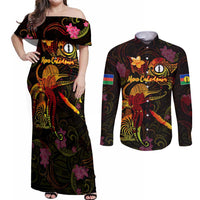 New Caledonia Couples Matching Off Shoulder Maxi Dress and Long Sleeve Button Shirt Octopus Plumeria Polynesian Tattoo