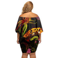 New Caledonia Off Shoulder Short Dress Octopus Plumeria Polynesian Tattoo