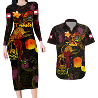 Tahiti French Polynesia Couples Matching Long Sleeve Bodycon Dress and Hawaiian Shirt Octopus Plumeria Polynesian Tattoo