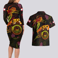 Tahiti French Polynesia Couples Matching Long Sleeve Bodycon Dress and Hawaiian Shirt Octopus Plumeria Polynesian Tattoo