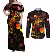 Tahiti French Polynesia Couples Matching Off Shoulder Maxi Dress and Long Sleeve Button Shirt Octopus Plumeria Polynesian Tattoo