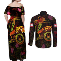 Tahiti French Polynesia Couples Matching Off Shoulder Maxi Dress and Long Sleeve Button Shirt Octopus Plumeria Polynesian Tattoo