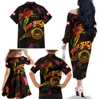 Tahiti French Polynesia Family Matching Off The Shoulder Long Sleeve Dress and Hawaiian Shirt Octopus Plumeria Polynesian Tattoo
