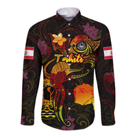 Tahiti French Polynesia Long Sleeve Button Shirt Octopus Plumeria Polynesian Tattoo