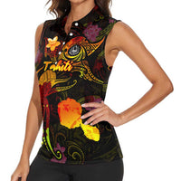 Tahiti French Polynesia Women Sleeveless Polo Shirt Octopus Plumeria Polynesian Tattoo