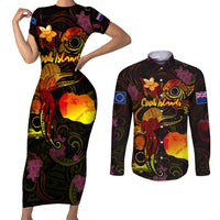 Cook Islands Couples Matching Short Sleeve Bodycon Dress and Long Sleeve Button Shirt Octopus Plumeria Polynesian Tattoo