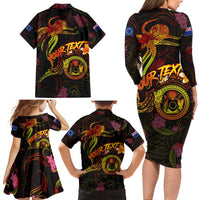 Cook Islands Family Matching Long Sleeve Bodycon Dress and Hawaiian Shirt Octopus Plumeria Polynesian Tattoo