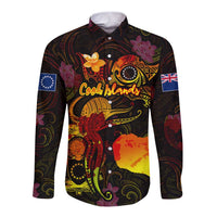 Cook Islands Long Sleeve Button Shirt Octopus Plumeria Polynesian Tattoo