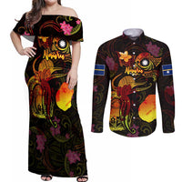 Nauru Couples Matching Off Shoulder Maxi Dress and Long Sleeve Button Shirt Octopus Plumeria Polynesian Tattoo