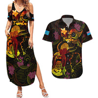 Tuvalu Couples Matching Summer Maxi Dress and Hawaiian Shirt Octopus Plumeria Polynesian Tattoo