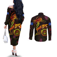 Northern Mariana Islands Couples Matching Off The Shoulder Long Sleeve Dress and Long Sleeve Button Shirt Octopus Plumeria Polynesian Tattoo
