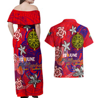 Personalized Philippines 12 June Independence Day Couples Matching Off Shoulder Maxi Dress and Hawaiian Shirt Polynesian Turtle Plumeria DT02 - Polynesian Pride