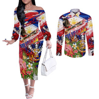 Personalized Philippines Independence Day Couples Matching Off The Shoulder Long Sleeve Dress and Long Sleeve Button Shirt Polynesia Filipinas Eagle Hibiscus