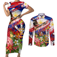 Personalized Philippines Independence Day Couples Matching Short Sleeve Bodycon Dress and Long Sleeve Button Shirt Polynesia Filipinas Eagle Hibiscus