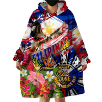 Personalized Philippines Independence Day Wearable Blanket Hoodie Polynesia Filipinas Eagle Hibiscus