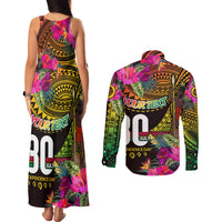 Personalised Vanuatu Independence Day 30 July Couples Matching Tank Maxi Dress and Long Sleeve Button Shirt Hibiscus Polynesian Pattern