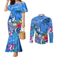Aloha Hawaii Couples Matching Mermaid Dress and Long Sleeve Button Shirt Dolphins and Fish Hook Hibiscus