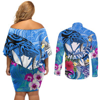 Aloha Hawaii Couples Matching Off Shoulder Short Dress and Long Sleeve Button Shirt Dolphins and Fish Hook Hibiscus