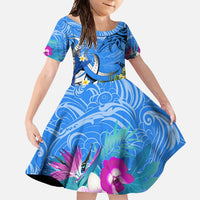 Aloha Hawaii Family Matching Short Sleeve Bodycon Dress and Hawaiian Shirt Dolphins and Fish Hook Hibiscus