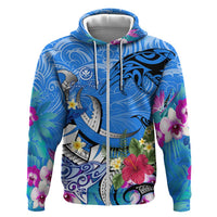 Aloha Hawaii Hoodie Dolphins and Fish Hook Hibiscus DT02 Zip Hoodie Blue - Polynesian Pride