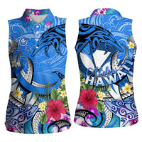Aloha Hawaii Women Sleeveless Polo Shirt Dolphins and Fish Hook Hibiscus