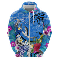 Aloha Hawaii Zip Hoodie Dolphins and Fish Hook Hibiscus