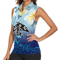 Mother And Baby Dolphins Women Sleeveless Polo Shirt Hawaii Hibiscus