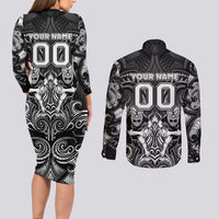 Personalized All Black Couples Matching Long Sleeve Bodycon Dress and Long Sleeve Button Shirt New Zealand Rugby Mascot Maori