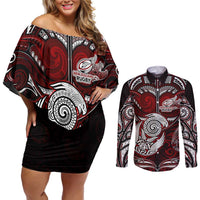 Personalized New Zealand Aotearoa Rugby Couples Matching Off Shoulder Short Dress and Long Sleeve Button Shirt Maori Fern Tattoo Art