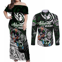 Personalized NZ Aotearoa Rugby Couples Matching Off Shoulder Maxi Dress and Long Sleeve Button Shirt New Zealand Silver Fern