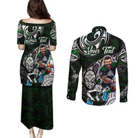 Personalized NZ Aotearoa Rugby Couples Matching Puletasi and Long Sleeve Button Shirt New Zealand Silver Fern