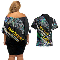 Personalised New Zealand Darts Couples Matching Off Shoulder Short Dress and Hawaiian Shirt NZ Paua Shell Maori Fern