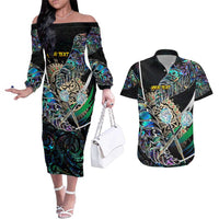 Personalised New Zealand Darts Couples Matching Off The Shoulder Long Sleeve Dress and Hawaiian Shirt NZ Paua Shell Maori Fern