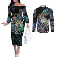 Personalised New Zealand Darts Couples Matching Off The Shoulder Long Sleeve Dress and Long Sleeve Button Shirt NZ Paua Shell Maori Fern