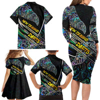 Personalised New Zealand Darts Family Matching Long Sleeve Bodycon Dress and Hawaiian Shirt NZ Paua Shell Maori Fern