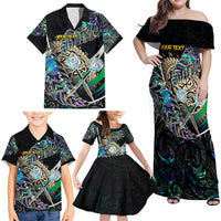 Personalised New Zealand Darts Family Matching Off Shoulder Maxi Dress and Hawaiian Shirt NZ Paua Shell Maori Fern