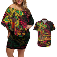 Custom Vanuatu 45th Independence Anniversary Couples Matching Off Shoulder Short Dress and Hawaiian Shirt Flower Melanesian Namele Turtle - Polynesian Pride